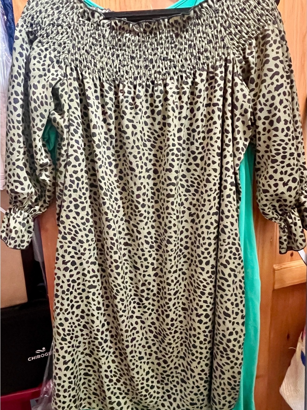 SHEIN Olive Green Leopard Print Smocked Off-Shoulder Dress